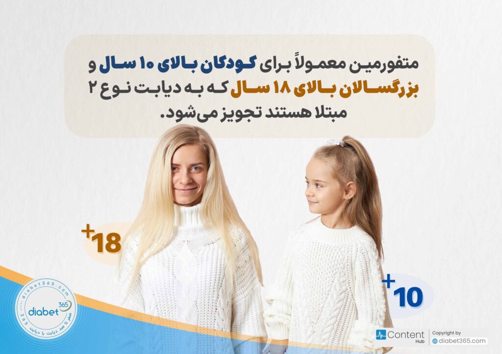 متفورمین چیست و چگونه به دیابت کمک می‌کند؟: متفورمین معمولاً برای کودکان بالای ۱۰ سال و بزرگسالان بالای ۱۸ سال که به دیابت نوع ۲ مبتلا هستند تجویز می‌شود.