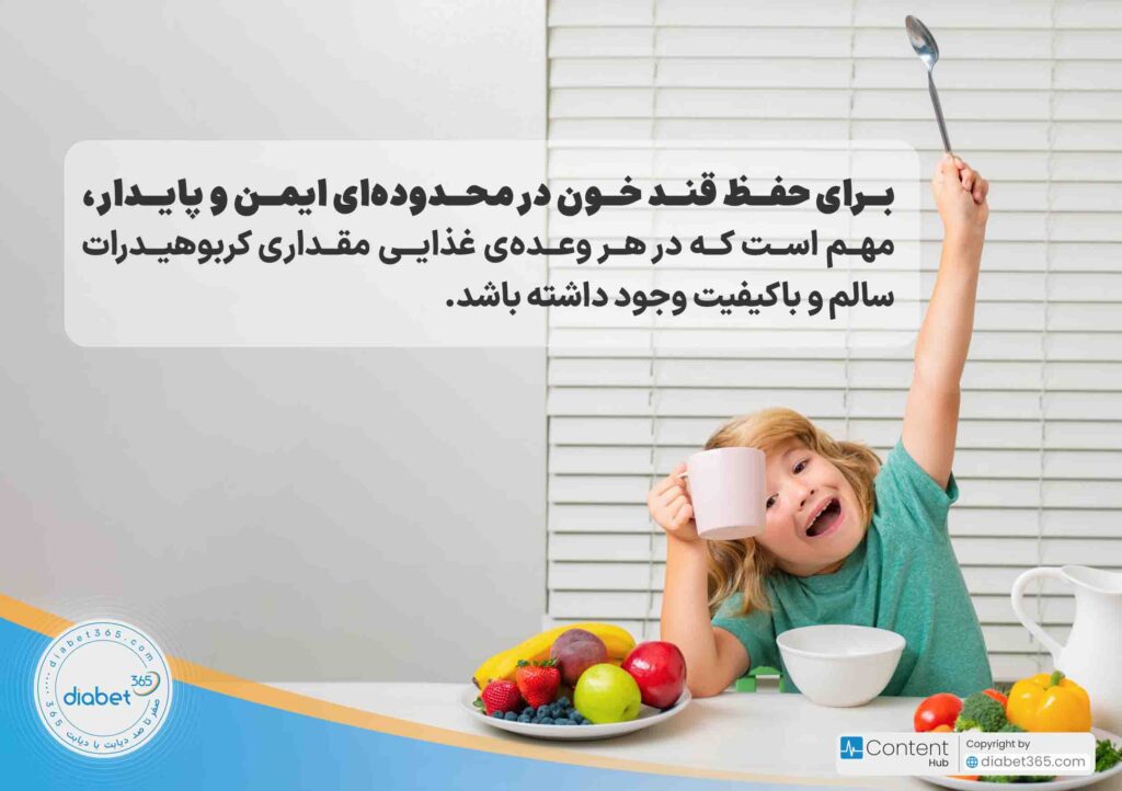 تغذیه کودک دیابتی؛ برای حفظ قند خون در محدوده‌ای ایمن و پایدار، مهم است که در هر وعده‌ی غذایی مقداری کربوهیدرات سالم و باکیفیت وجود داشته باشد.