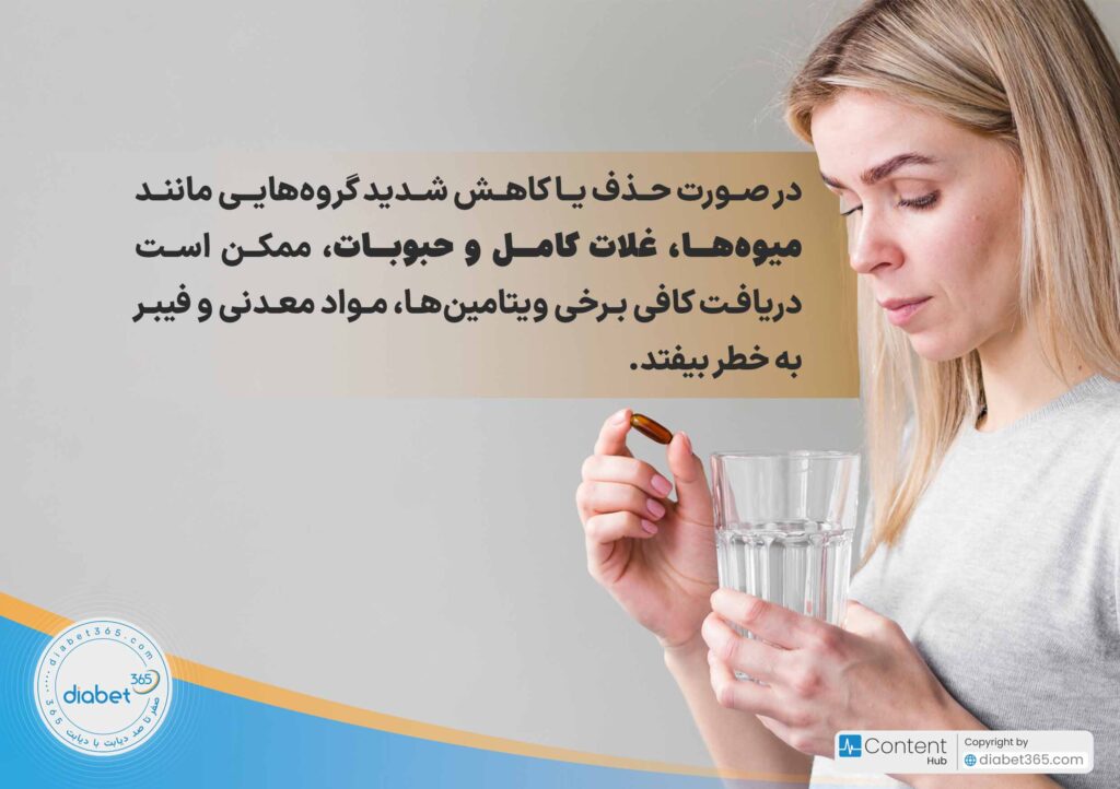 چگونه رژیم کم کربوهیدرات برای دیابتی‌ها تنظیم کنیم؟: در صورت حذف یا کاهش شدید گروه‌هایی مانند میوه‌ها، غلات کامل و حبوبات، ممکن است دریافت کافی برخی ویتامین‌ها، مواد معدنی و فیبر به خطر بیفتد.