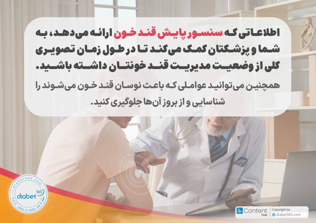 تفاوت گلوکومتر و سنسور پایش قند خون: اطلاعاتی که سنسور پایش قند خون ارائه میدهد، کمک میکند تا در طول زمان تصویری کلی از وضعیت مدیریت قند خونتان داشته و از بروز عواملی که باعث نوسان قند خون میشوند جلوگیری کنید.