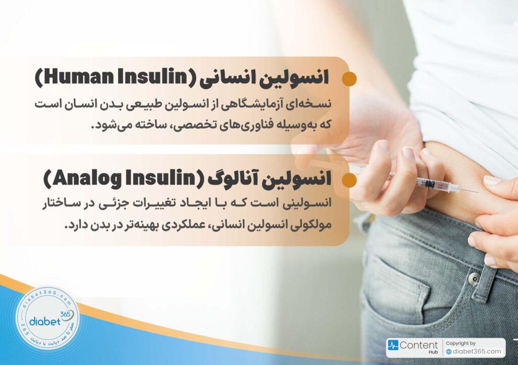 انواع انسولین موجود در ایران: انسولین انسانی (Human Insulin) نسخهای آزمایشگاهی از انسولین طبیعی بدن انسان است که بهوسیله فناوریهای تخصصی، ساخته میشود. انسولین آنالوگ (Analog Insulin) انسولینی است که با ایجاد تغییرات جزئی در ساختار مولکولی انسولین انسانی، عملکردی بهینهتر در بدن دارد.