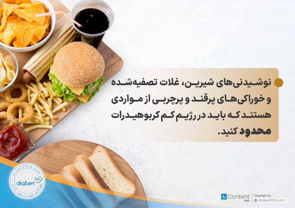 چگونه رژیم کم کربوهیدرات برای دیابتیها تنظیم کنیم؟: نوشیدنیهای شیرین، غلات تصفیهشده و خوراکیهای پرقند و پرچربی از مواردی هستند که باید در رژیم کم کربوهیدرات محدود کنید.