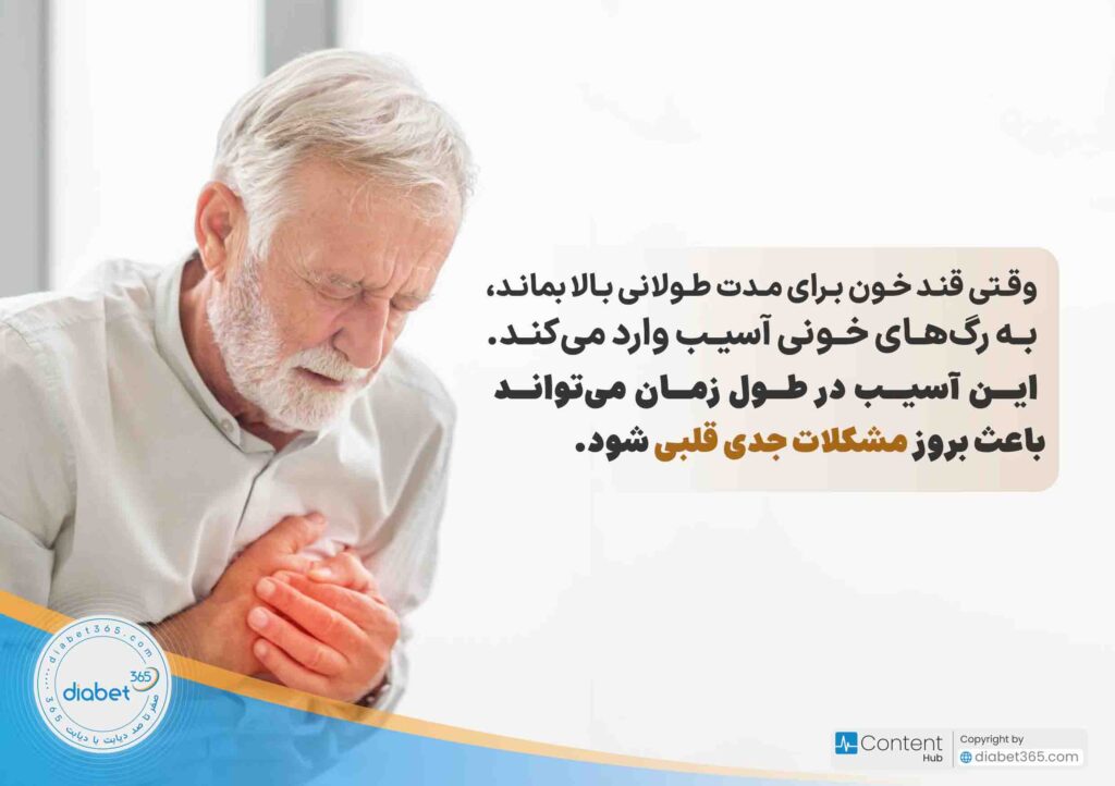 عوارض دیابت چیست؟ وقتی قند خون برای مدت طولانی بالا بماند، به رگهای خونی آسیب وارد میکند. این آسیب در طول زمان میتواند باعث بروز مشکلات جدی قلبی شود.