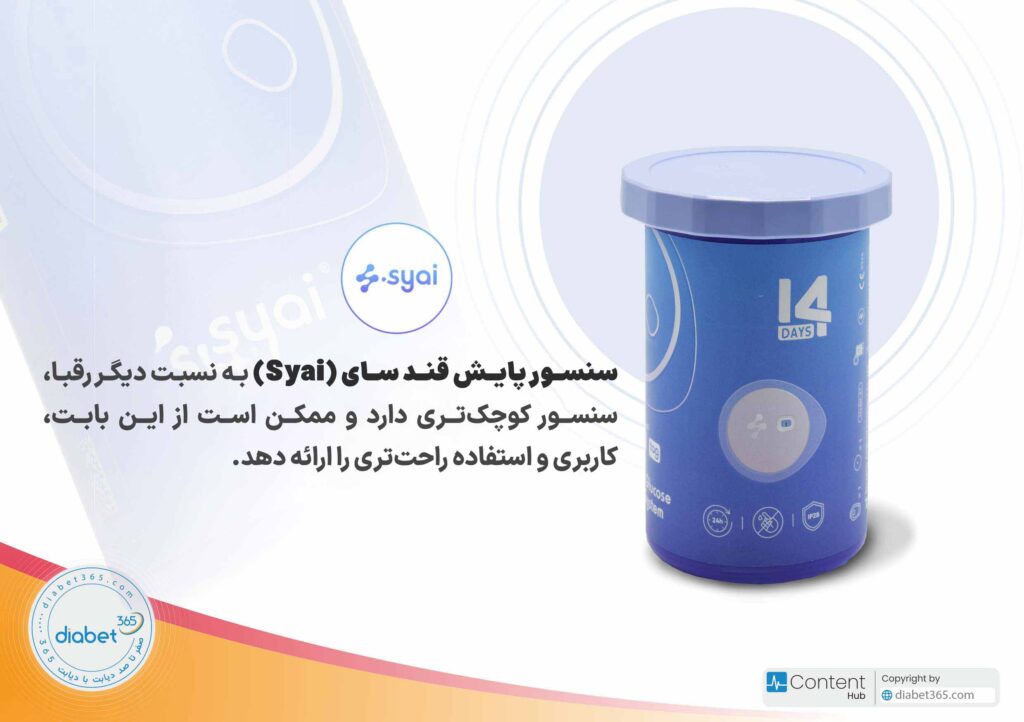 سنسور پایش قند سای (Syai) به نسبت دیگر رقبا، سنسور کوچک‌تری دارد و ممکن است از این بابت، کاربری و استفاده راحت‌تری را ارائه دهد.