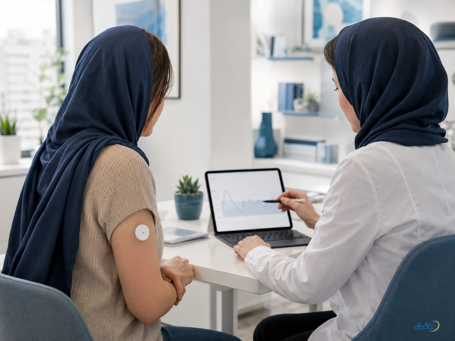 پزشک و بیمار ایرانی در حال بررسی نمودارهای CGM روی تبلت در مطب